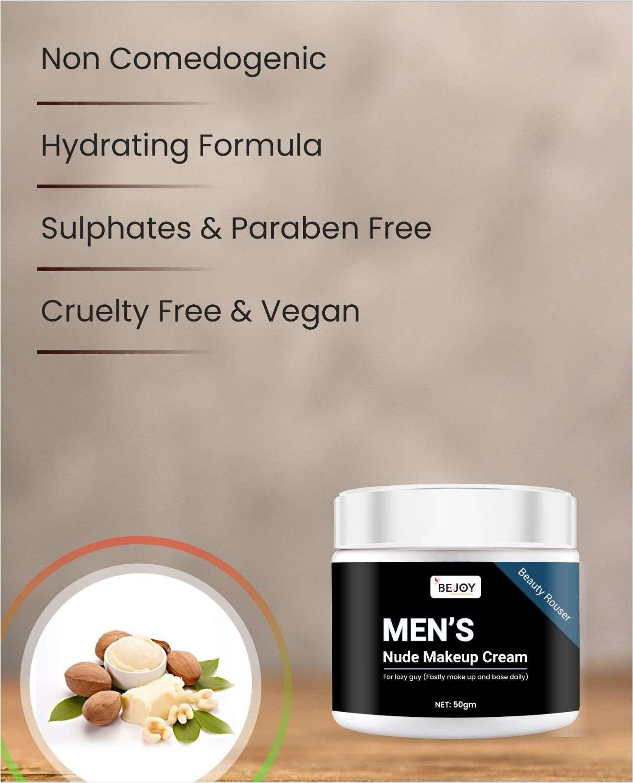 Bejoy Men's Nude Makeup Cream in a sleek jar, a premium men's makeup product designed for oily skin.