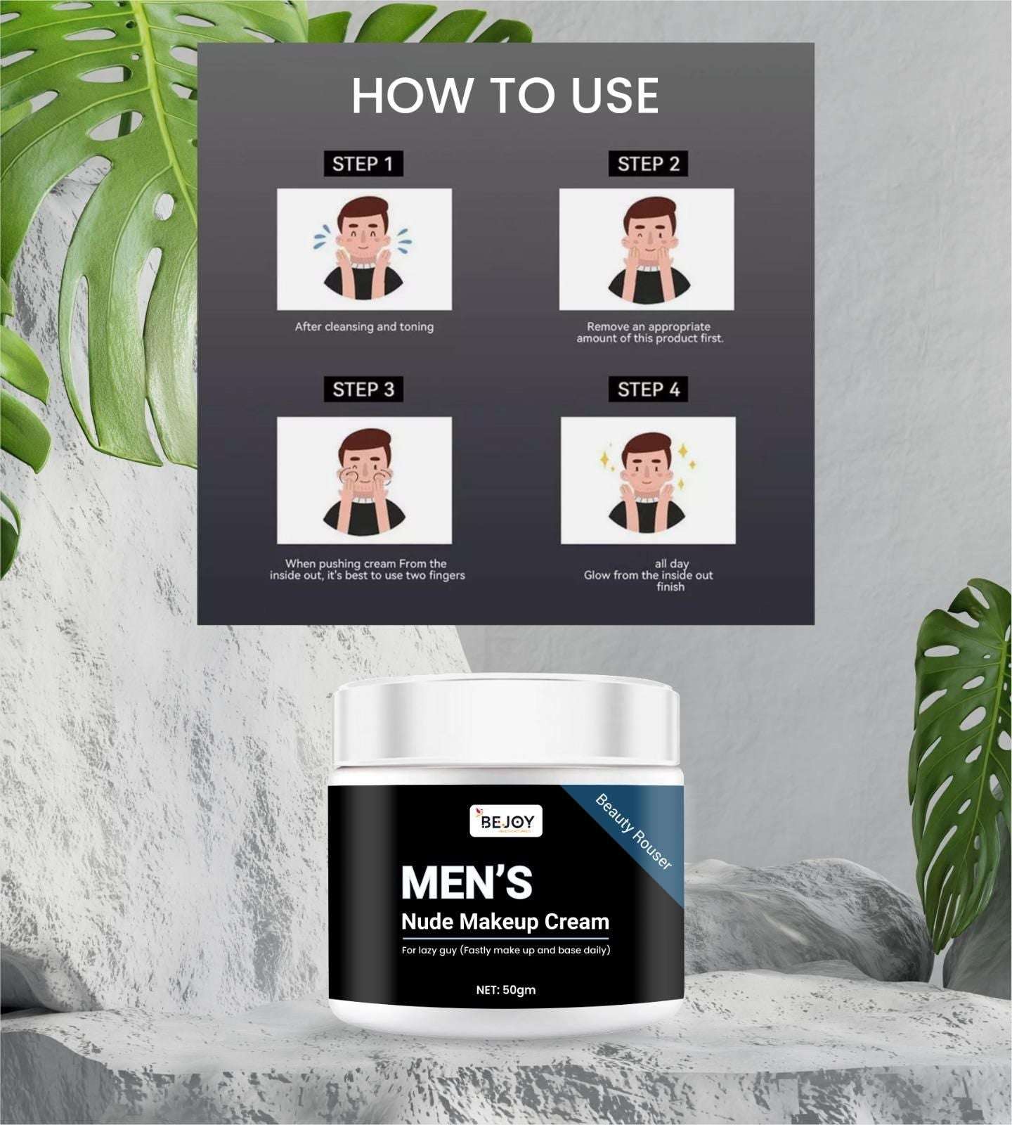 Men's Nude Makeup Cream by fupei2-e5, a premium men's makeup product with usage steps displayed