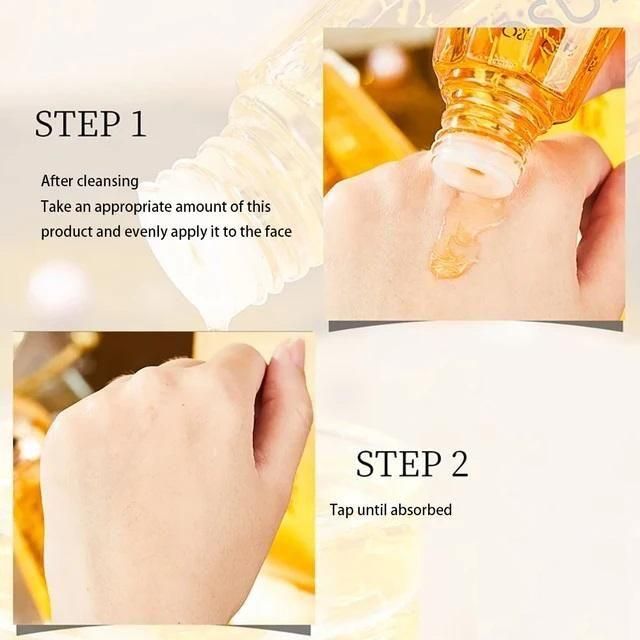 Collagen anti-wrinkle serum application steps showing how to use and absorb the product on the skin