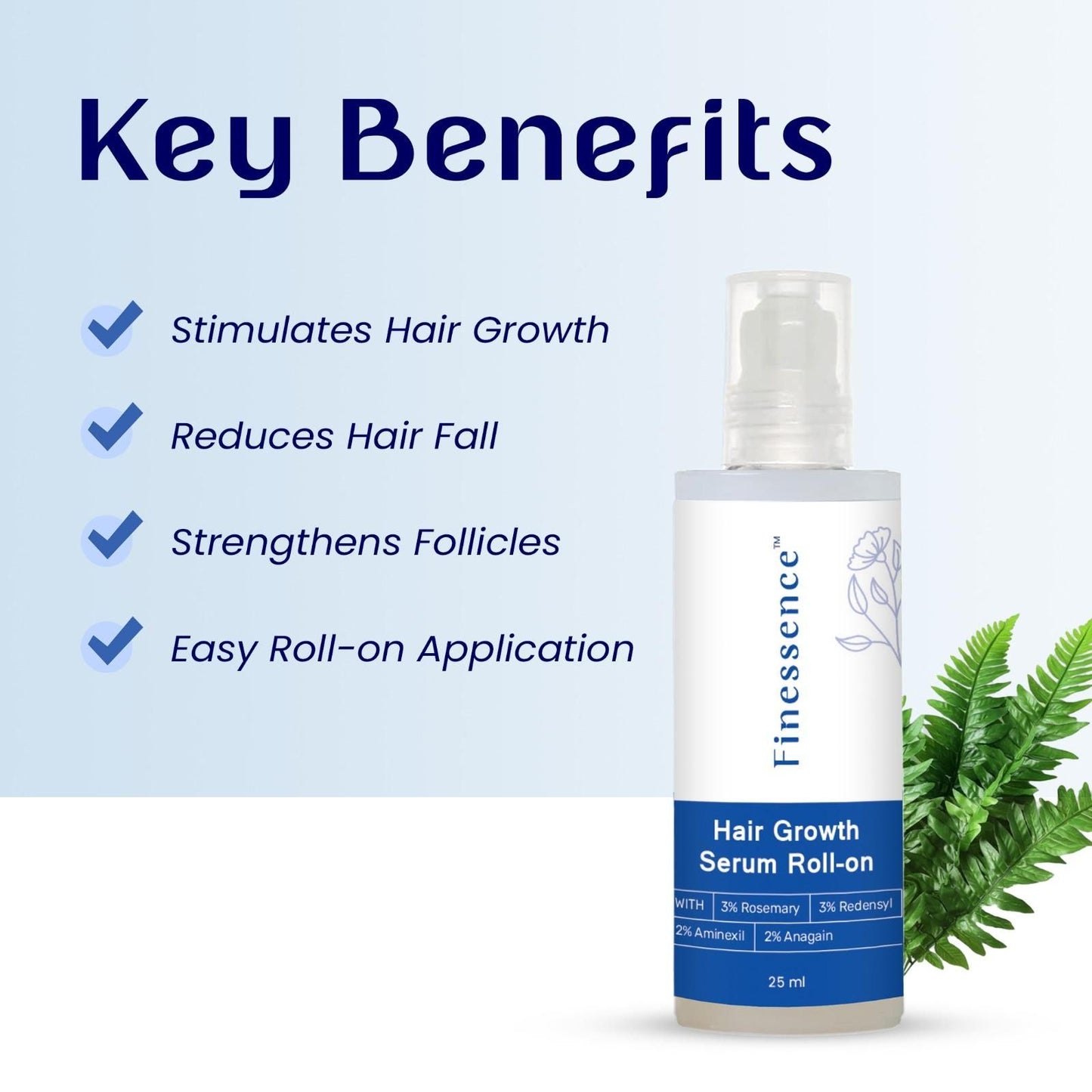 Finessence Rosemary Hair Growth Serum with easy roll-on application for stimulating hair growth and reducing hair fall