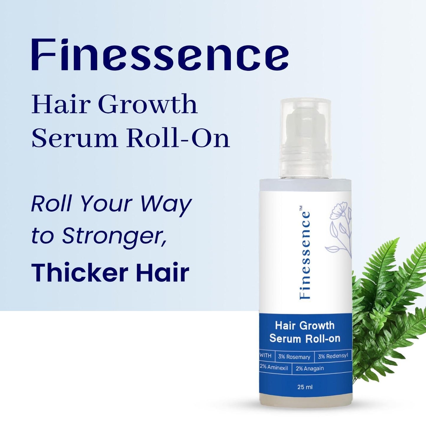 Finessence rosemary hair growth serum roll-on for stronger, thicker hair in a 25 ml bottle