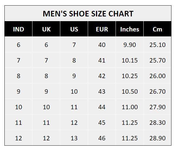 Men's Shoe Size Chart for Luxury Men's Formal Shoes with Measurements in Inches and Cm