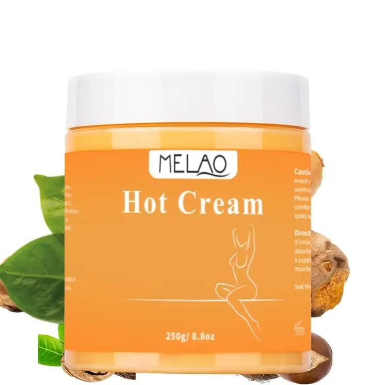 Melao Premium Body Care Hot Cream in an orange jar for skin warming and toning