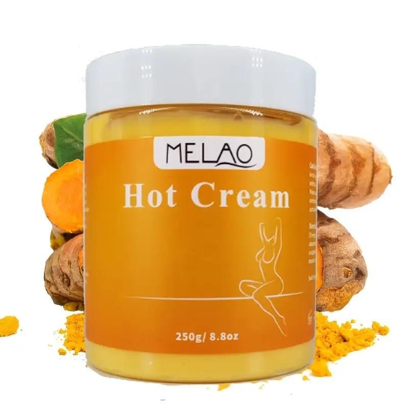 MELAO premium body care hot cream in 250g jar with turmeric background for effective skin treatment