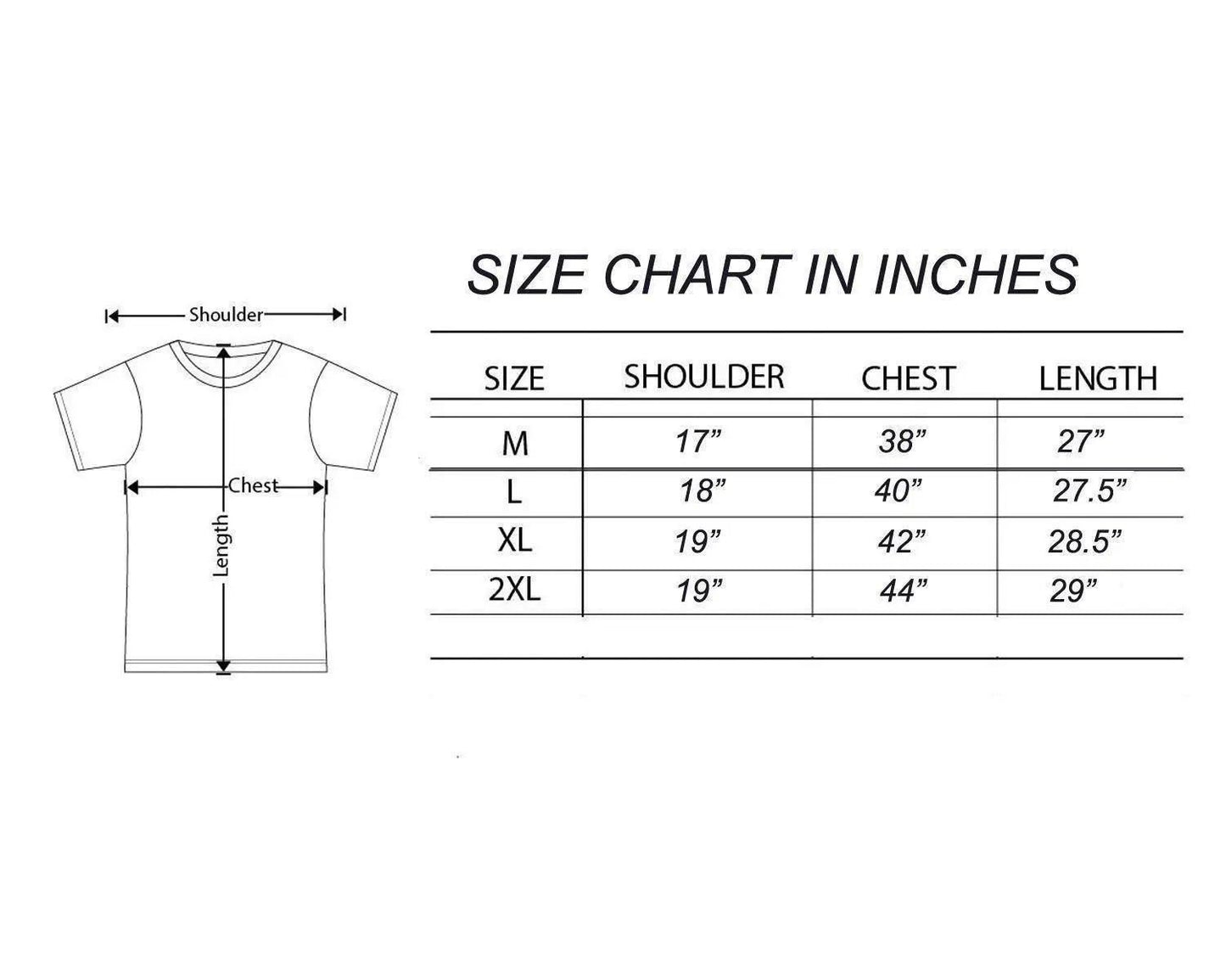 Size chart for men's polo t-shirt pack showing measurements for M, L, XL, and 2XL sizes