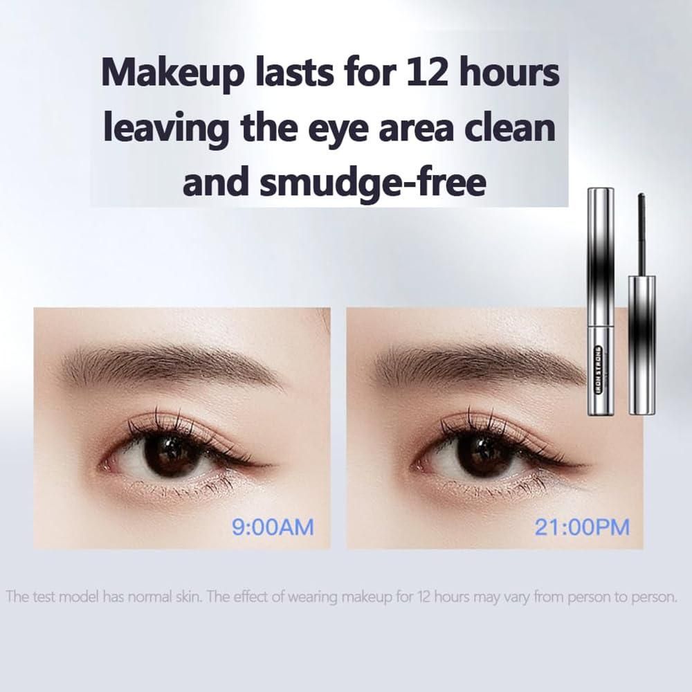 Before and after photos showcasing the premium iron brush mascara for 12-hour smudge-free wear