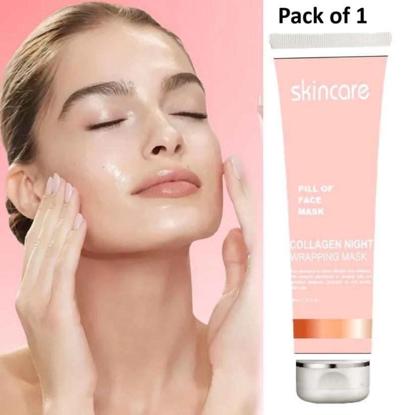Model applying collagen peel off mask with skincare tube featuring pink packaging and night wrap benefits