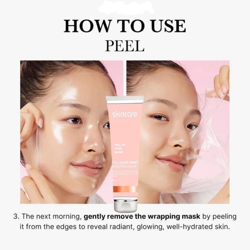 Collagen peel off mask application process showing glowing skin after removal for hydration