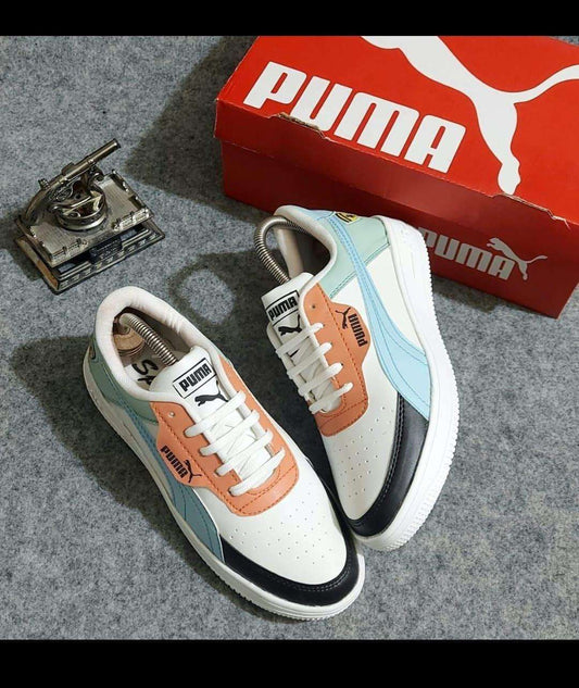 Stylish white and sky blue sneakers for men, featuring a trendy design and comfortable fit, displayed with Puma branding
