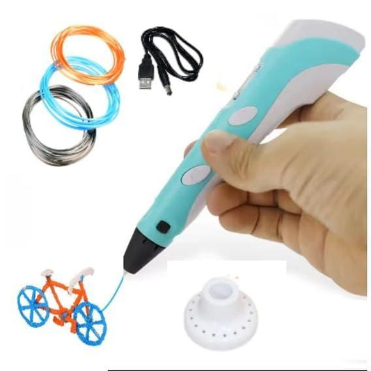 Hand holding a fupei2-e5 3D printer pen for kids, with colorful filaments and accessories for creativity