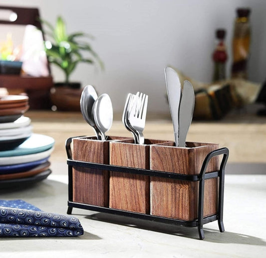Wood & Metal Cutlery Holder – 3-Compartment Organizer