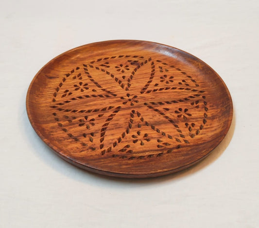 Handcrafted Wooden Decorative Plate with Carved Floral Design