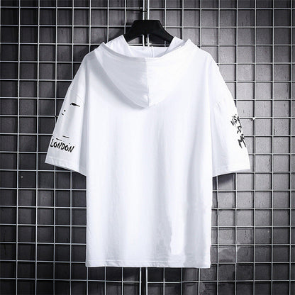 Stylish casual cotton printed hoodies in white with short sleeves and graphic details