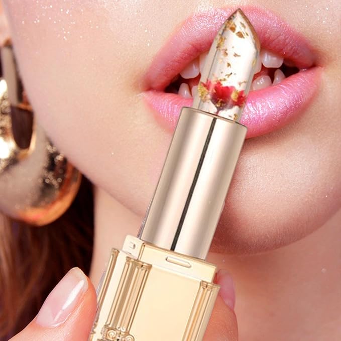 Color changing lip balm stick with floral accents applied on lips for a vibrant look