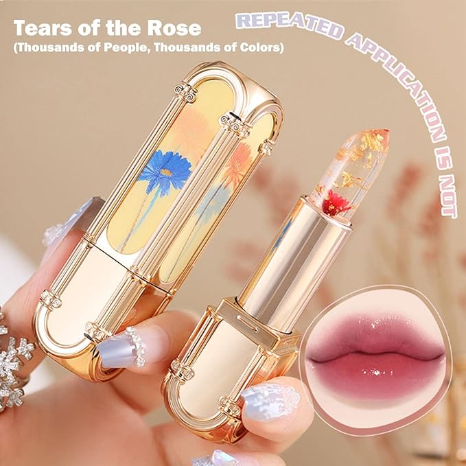 Tears of the Rose color changing lip balm in golden packaging with floral design