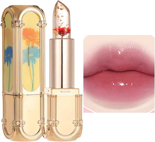 Color changing lip balm in elegant floral packaging with a glossy finish on lips