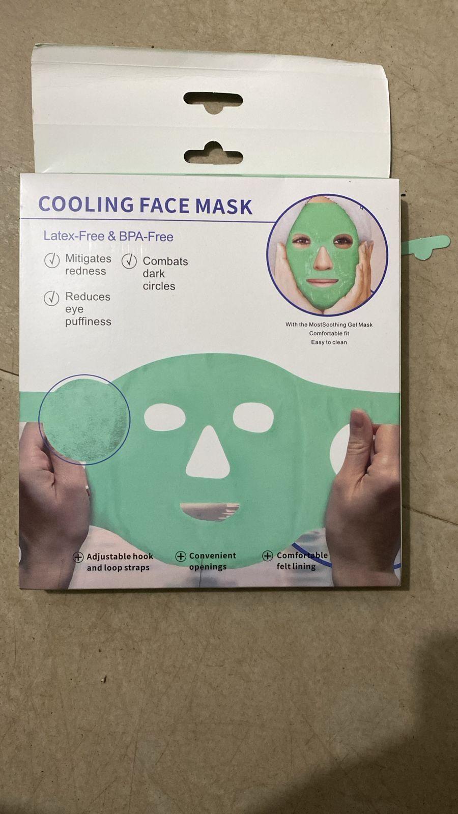 Cooling gel face mask designed to reduce eye puffiness and combat dark circles with adjustable straps