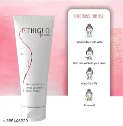 Ethi-Glo face wash tube for skin whitening and deep cleansing with usage directions