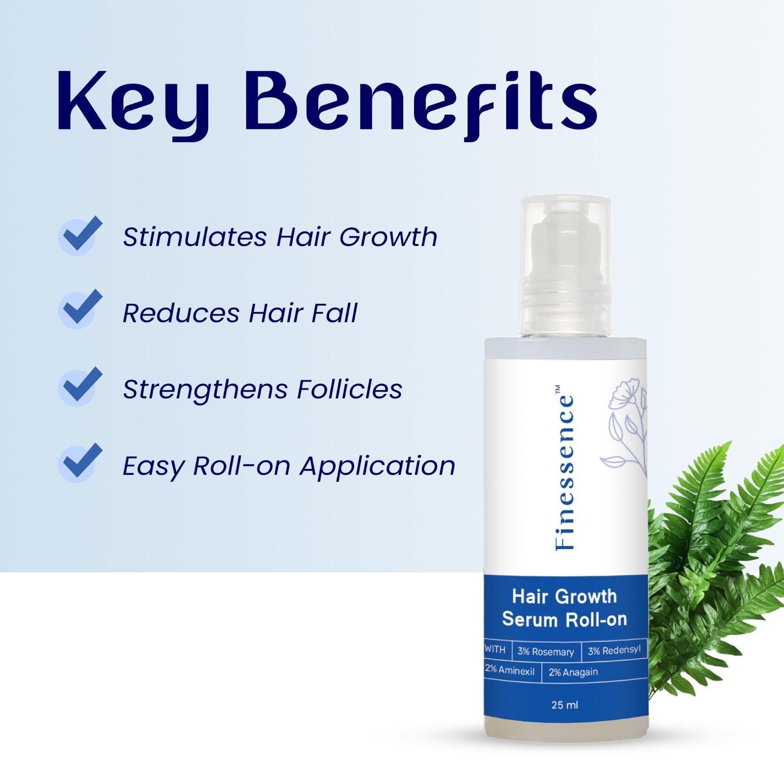 Finessence Rosemary Hair Growth Serum with easy roll-on application for stimulating hair growth and reducing hair fall