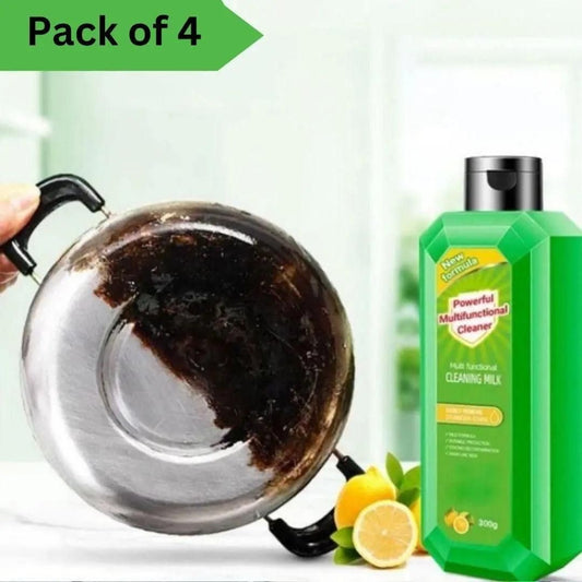 Powerful multifunctional cleaner pack of 4 shown with a greasy pan and cleaning milk for tough stains