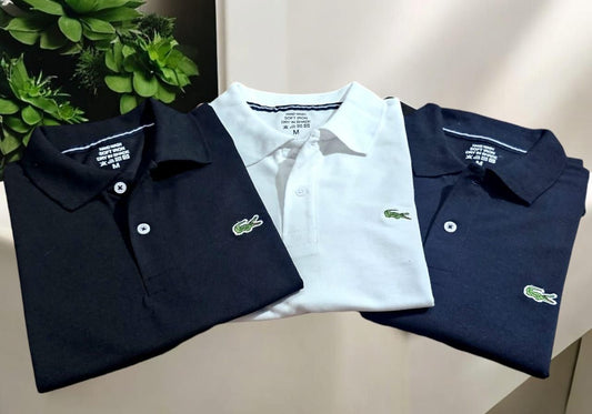 Lacoste Matty Polo Shirts Pack featuring navy, white, and black colors with signature crocodile logo