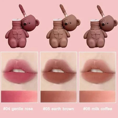 Long lasting lip tint set with shades gentle rose, earth brown, and milk coffee in bear-shaped bottles
