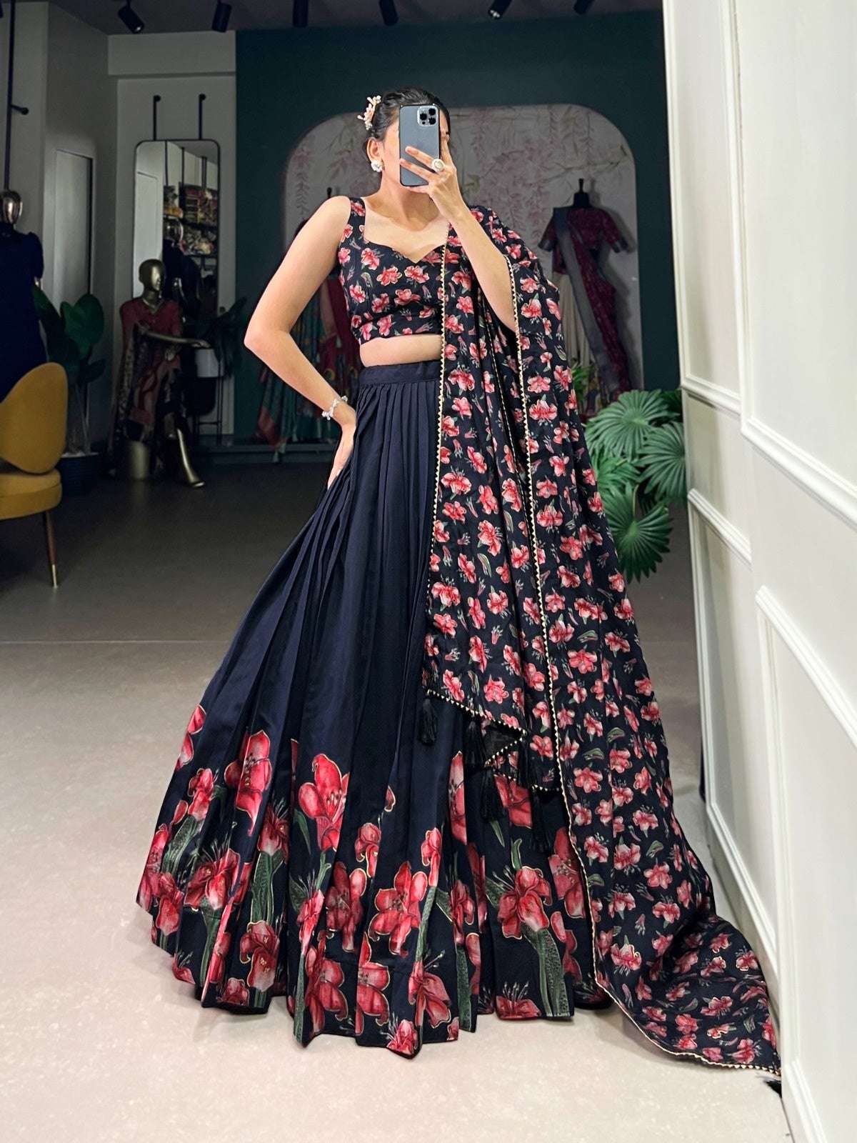 Stunning luxury lehenga choli in black with floral embroidery and matching dupatta for festive occasions