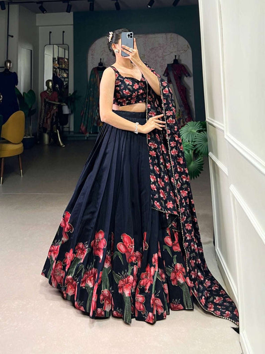 Elegant luxury lehenga choli in black with floral design, perfect for festive occasions