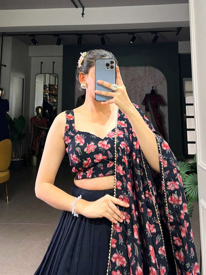 Elegant women's luxury lehenga choli featuring floral print with a stylish blouse and flowing skirt