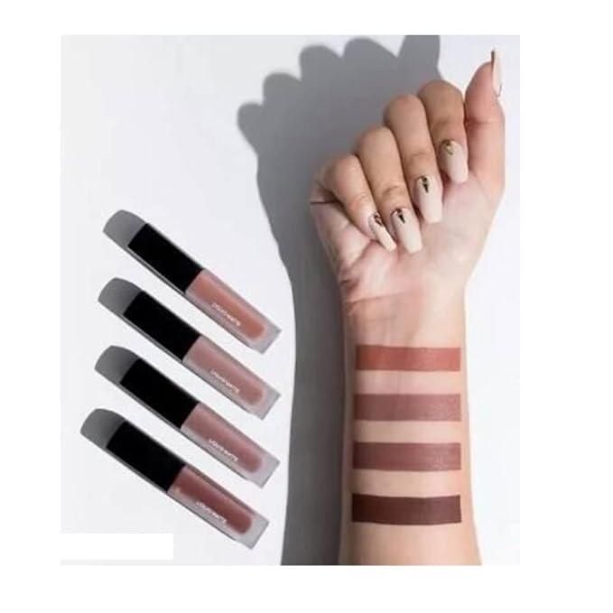Luxury liquid lipstick set showcased on a hand with swatches of rich colors