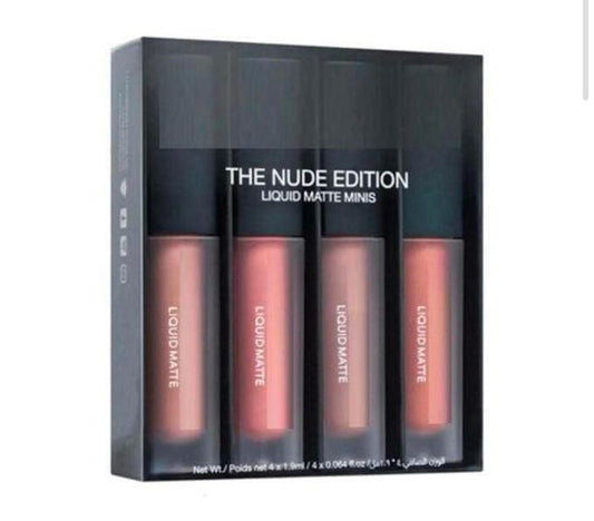 Luxury liquid lipstick set featuring four nude matte minis in a sleek packaging