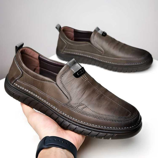 Luxury men's casual shoes in brown leather with slip-on design for comfortable wear