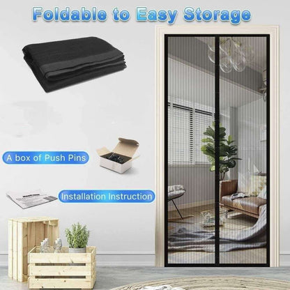 Luxury mesh door curtains with installation instructions and push pins for easy setup and storage