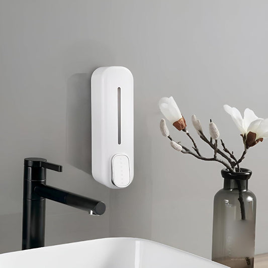 Wall-mounted luxury soap dispenser in white with sleek design, ideal for modern bathrooms