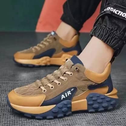 Bzaar men's casual sneakers in brown and navy with breathable fabric and supportive sole