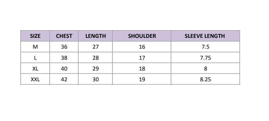Men's graphic print t-shirt size chart with measurements for M, L, XL, and XXL