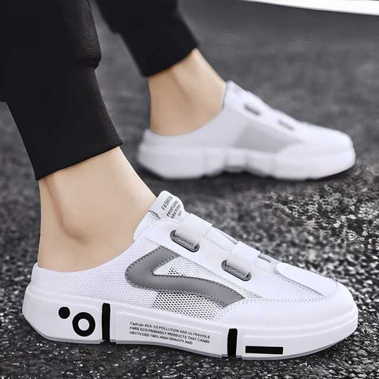 Men's non-slip half slippers in white with breathable mesh design for casual comfort