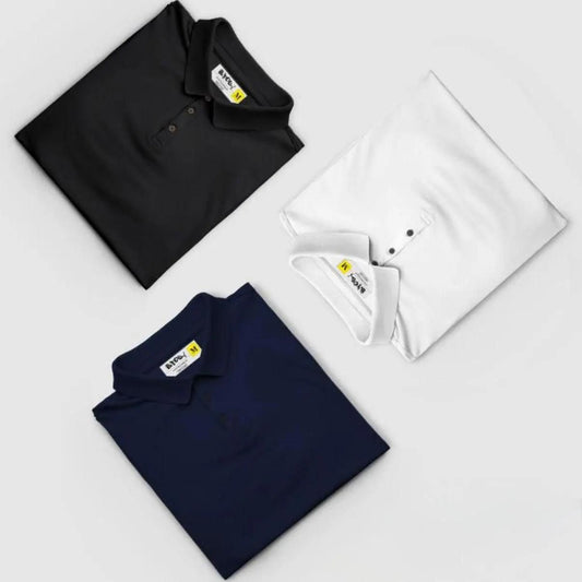 Men's polo t-shirt pack featuring black, white, and navy shirts with classic collar design