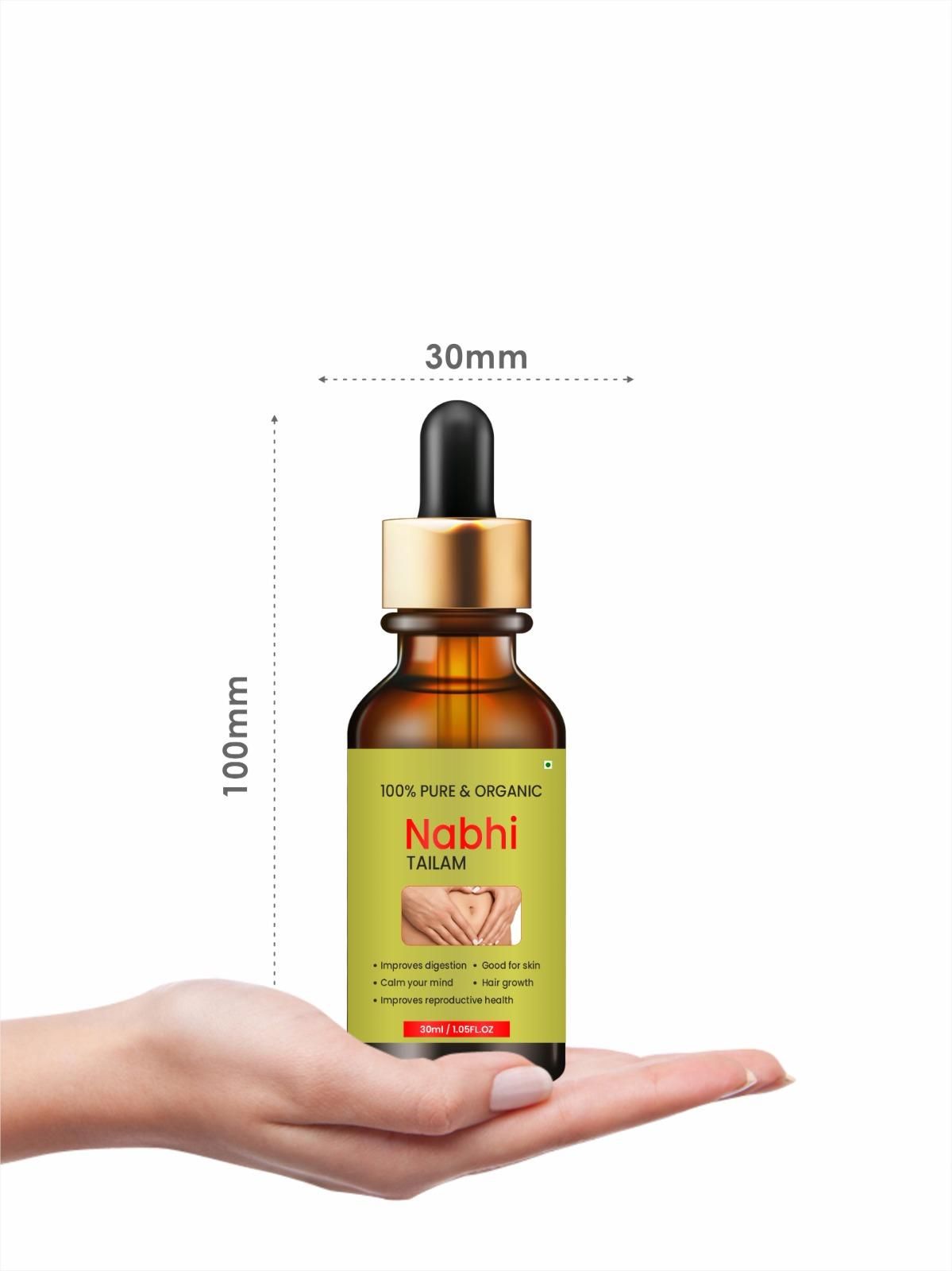 Ayurvedic belly relief oil bottle held in hand, showcasing organic ingredients for digestive comfort