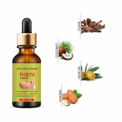 Ayurvedic belly relief oil in a dropper bottle with ingredients like coconut, almond, and clove