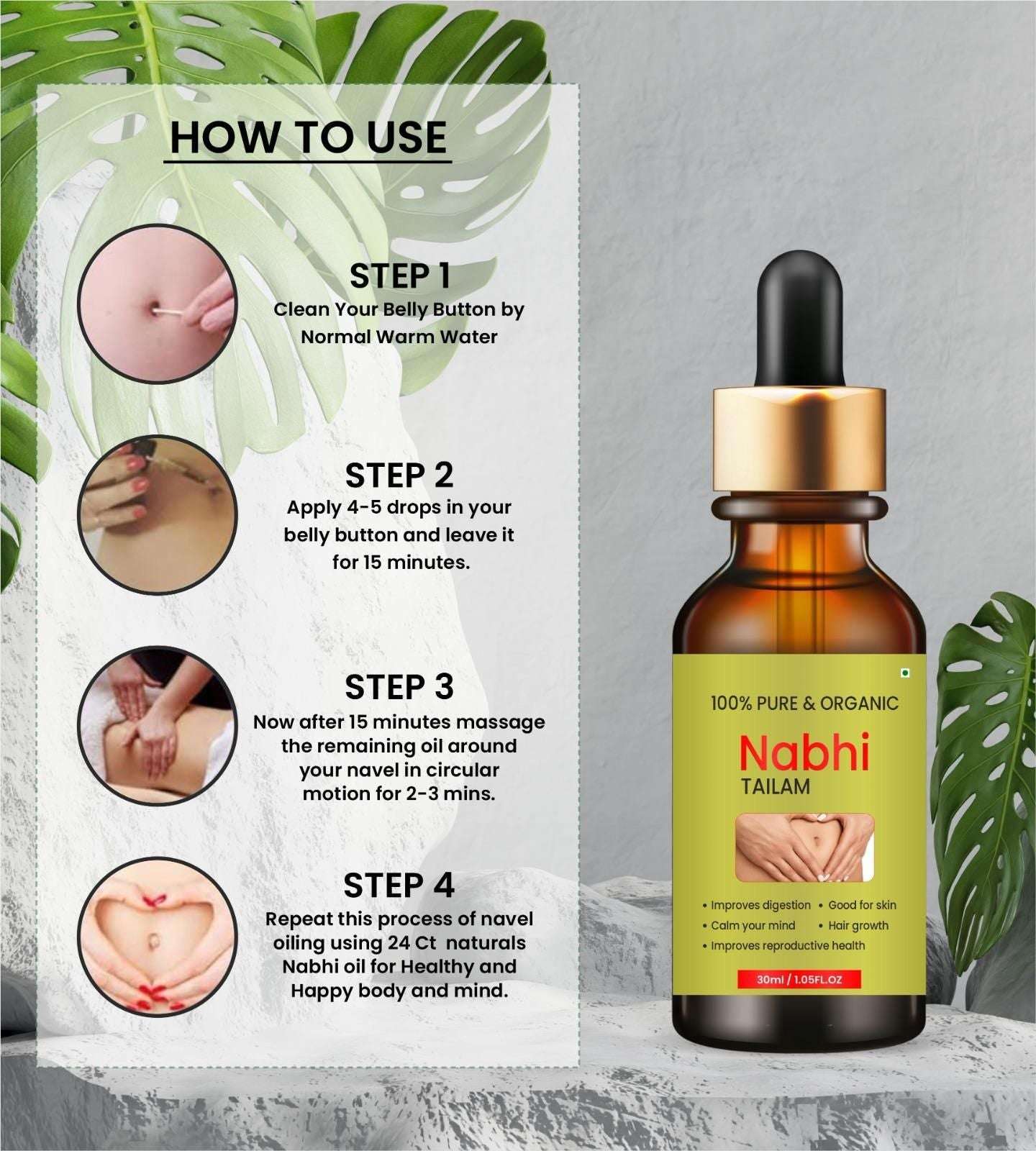 Ayurvedic belly relief oil in a glass dropper bottle with application steps for improved digestion