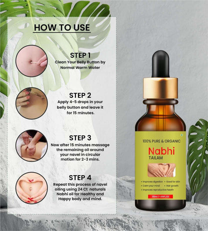 Ayurvedic belly relief oil in a glass dropper bottle with application steps for improved digestion