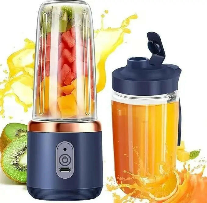 Fupei2-E5 Portable Juicer for Travel with Fruits and Smoothie Drink in Background