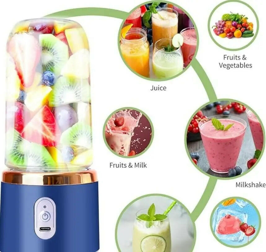 Fupei2-E5 Portable Juicer for Travel with assorted fresh fruits and smoothies displayed
