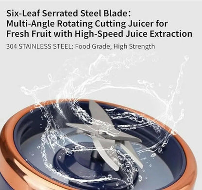 Portable juicer for travel featuring six-leaf serrated steel blades for efficient juice extraction