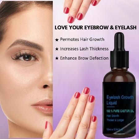Premium eyelash growth serum in a dropper bottle with benefits for lashes and brows on model's face