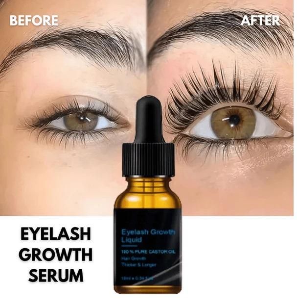 Before and after using premium eyelash growth serum showing thicker and longer eyelashes