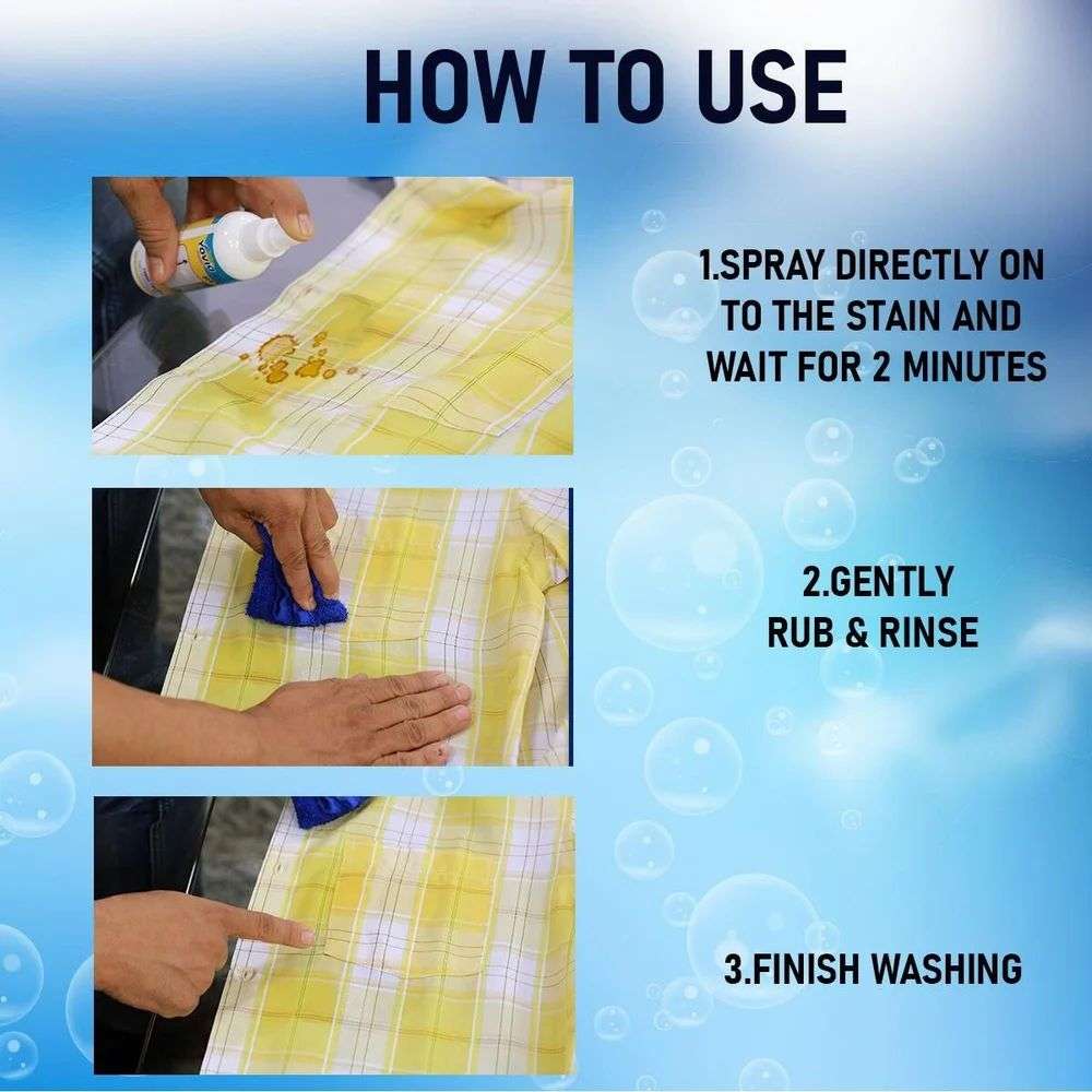 Instructions for using premium fabric stain remover spray to effectively treat stains on fabric