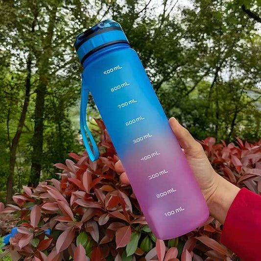 Gradient premium sport water bottle with measurement markings for hydration tracking outdoors