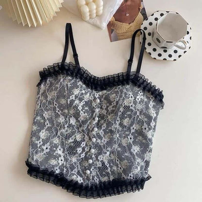 Elegant seamless padded fancy bra with lace detailing and ruffled edges in black and white